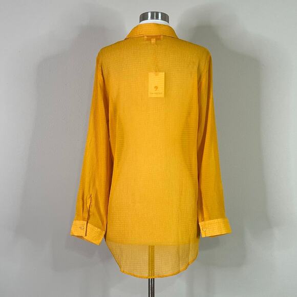 NEW Lisa Says Gah | Shirred Mustard Yellow Solid Sheer Flower Button Button Top - Picture 6 of 10